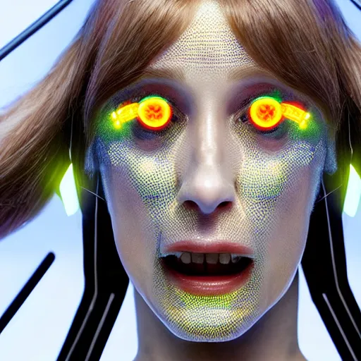 Prompt: beautiful centered Fine art photo portrait of Bryce Dallas Howard screaming as a solarpunk robotic humanoid, white mechanical parts with led lights, photorealistic, white background, highly detailed and intricate, sunset lighting, HDR 8k
