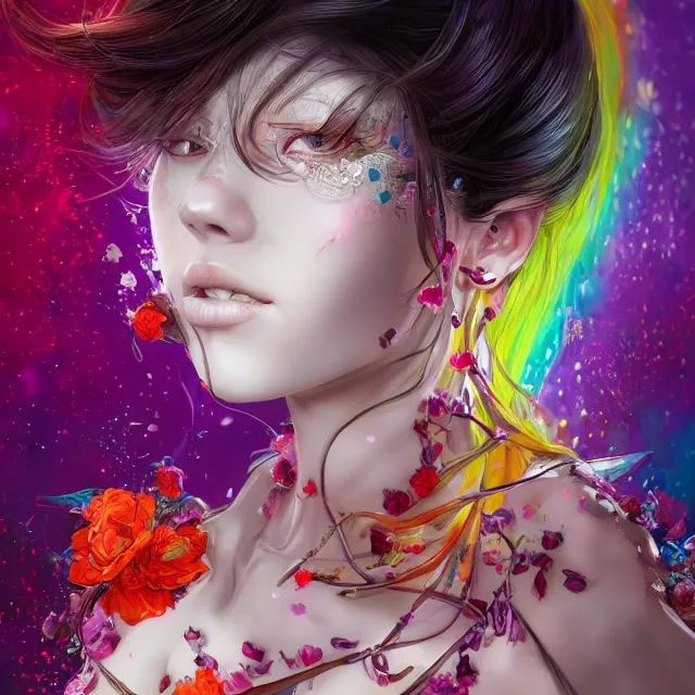 Image similar to studio portrait absurdly beautiful, elegant, graceful, young hypercolorful sensual anime girl rubies red petals gems, ultrafine hyperrealistic detailed face illustration by kim jung gi, irakli nadar, intricate linework, sharp focus, bright colors, matte, octopath traveler, final fantasy, unreal engine highly rendered, global illumination, radiant light, intricate rainbow environment