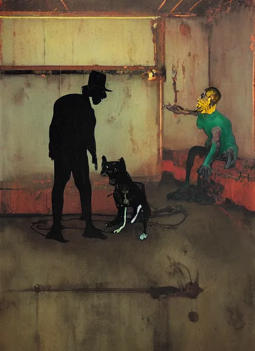 Image similar to two dark figures laughing and a black dog inside a decayed contemporary living room with large oxygen tank in the style of Francis Bacon and Zdzislaw Beksinski, Edward Hopper and Norman Rockwell, highly detailed, very coherent, triadic color scheme