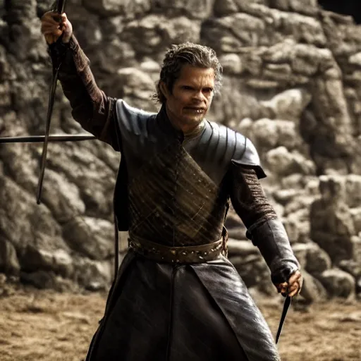 Prompt: action 7 0 mm medieval fantasy half length action photo from game of thrones of timothy olyphant as a dueling swashbuckler, photo by philip - daniel ducasse and yasuhiro wakabayashi and jody rogac and roger deakins