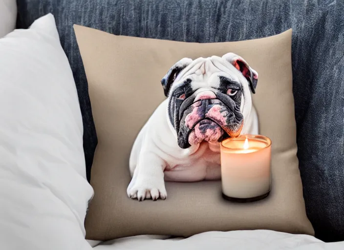 Image similar to a closeup, 4 5 mm, portrait of a sleeping english bulldog in a bed, on a pillow, candle light, 4 5 mm, by franz lanting