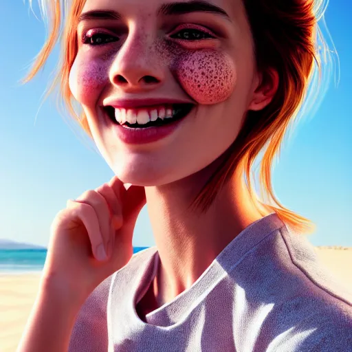 Prompt: portrait of a cute thin young woman, red blush, light freckles, smug smile, modern clothes, relaxing on the beach, golden hour, close up shot, 8 k, art by irakli nadar, hyperrealism, hyperdetailed, ultra realistic