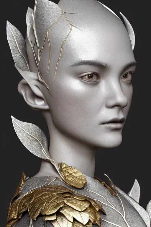 Image similar to bw close - up profile face, black background, beautiful young porcelain vegetal - dragon - cyborg - female, 1 5 0 mm, beautiful natural soft rim light, silver gold details, magnolia leaves and stems, roots, mandelbot fractal, elegant, hyper real, ultra detailed, white metallic armour, octane render, 1 6 k