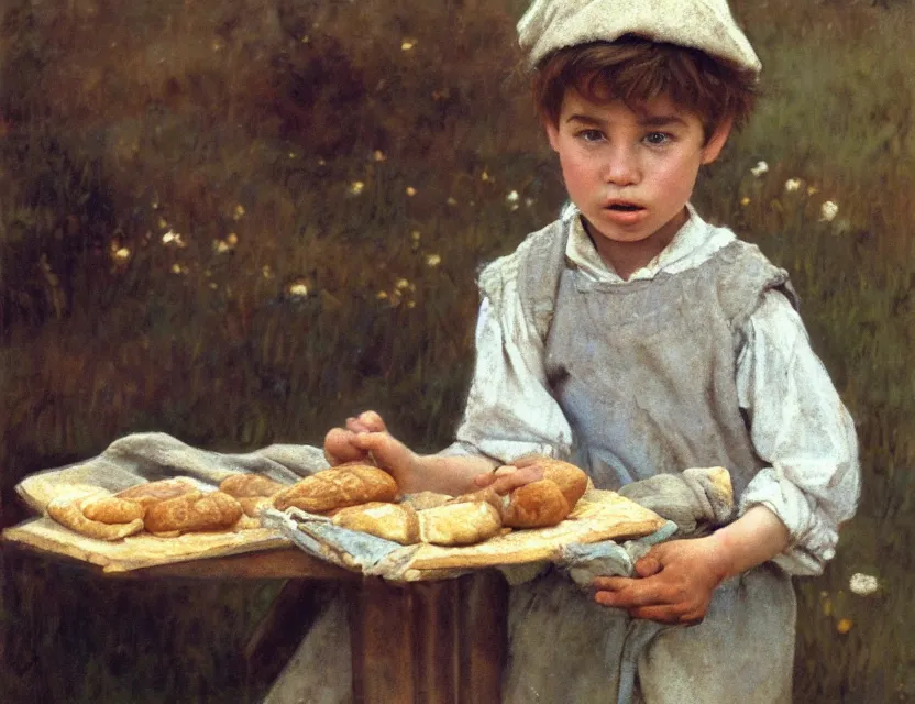 Image similar to portrait of little peasant boy eating a bread, cottage core, cinematic focus, polaroid photo bleached vintage pastel colors high - key lighting, soft lights, foggy, by steve hanks, by lisa yuskavage, by serov valentin, by tarkovsky, 8 k render, detailed, oil on canvas