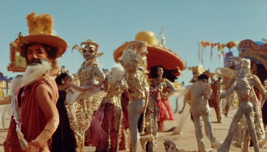 Image similar to movie still by alejandro jodorowsky of a carnival in the desert, cinestill 8 0 0 t eastmancolor technicolor, high quality, very detailed, heavy grain, fine facial features, 8 k, octane render