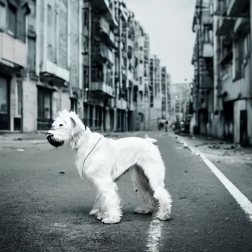 Image similar to photo of a white schnauzer dog with two open wings on his back sitting on the street of an abandoned dystopic city, hyprrealism, 5 5 mm photo