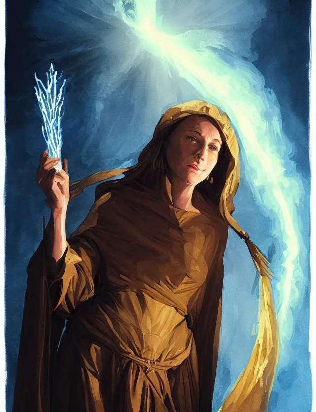 Prompt: priestess of trefoils and tinfoil. gouache painting by award - winning concept artist. backlighting, chiaroscuro.