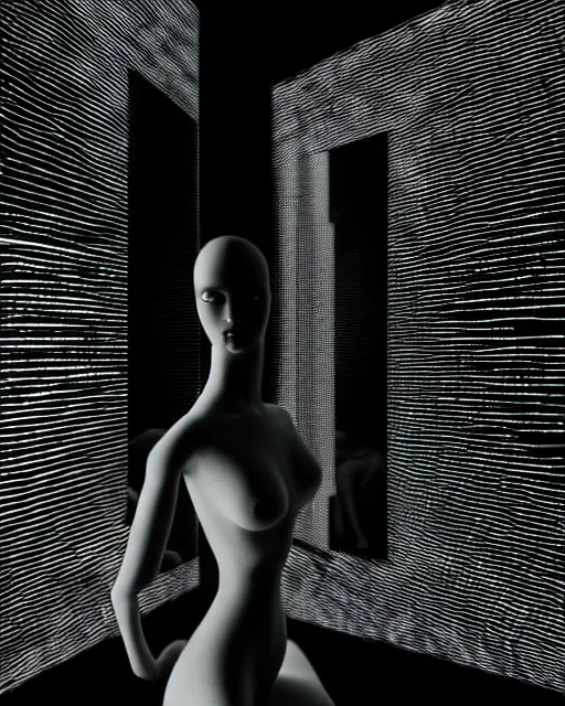 Prompt: black and white high quality photo of a female AI-queen-dragon-meshes-mannequin looking into a sci-fi mirror, volumetric lighting, brutalism, foggy, dreamy, hyperdetailed, bokeh, photorealistic, cinematic, masterpiece, elegant, dark, by Man Ray in the style of Horst P. Horst, octane render, 8K,