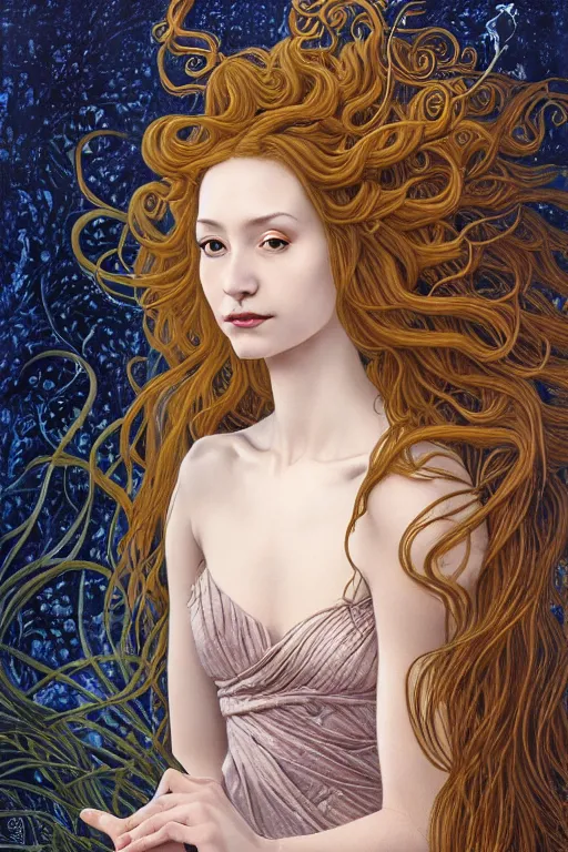 Image similar to portrait of a young female wizard in flowing sensual dress, arrogant, long fine flowing hair, delicate, looking at camera, slight nerdy awkward smile, realistic face, stylish, elegant, grimdark fantasy, flowers, extremely detailed painting inspired by Gerald Brom and Ernst Haeckel and Sandro Botticelli , studio lighting