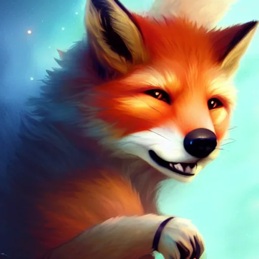 Image similar to funny furry cute little fox monster by artgerm and beeple and charlie bowater, soft lighting, solid background,