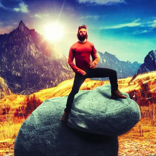 Image similar to a man holding a boulder over his head, backlit, fantasy art, bulging veins, long beard, red hair, mountains in the background