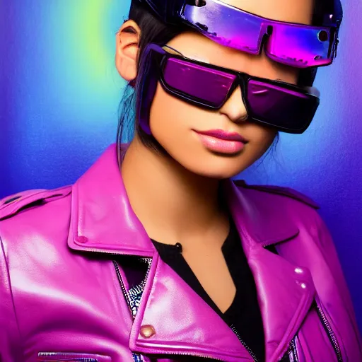 Image similar to closeup painting of a very beautiful young mexican cyberpunk woman with light blue shutter shades, purple leather jacket, synthwave