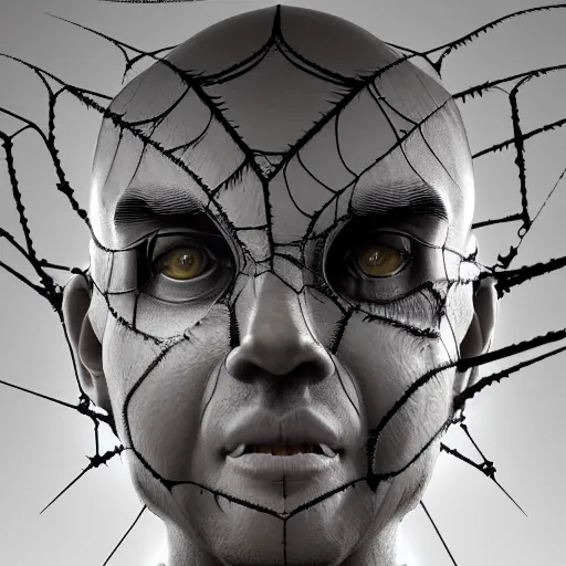 Image similar to hr giger and beeple and artgerm 3 d render of a man with fractal spiderwebs all over his face, detailed, reflections, realistic, unreal engine, cgsociety