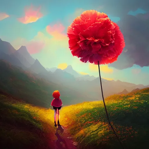 Image similar to giant carnation flower head, girl hiking in the mountains, surreal photography, sunrise, dramatic light, impressionist painting, colorful clouds, digital painting, artstation, simon stalenhag