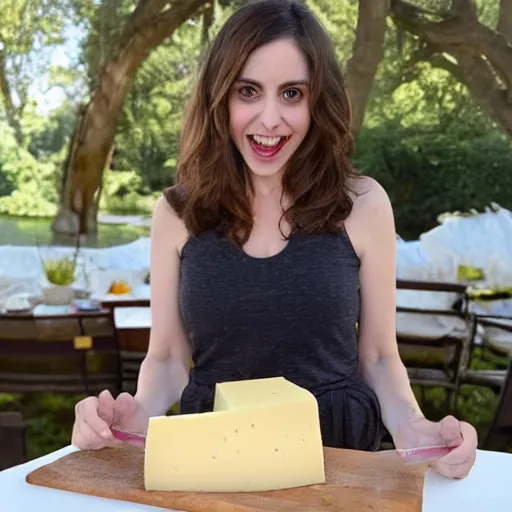 Image similar to Alison Brie eating a whole block of cheese
