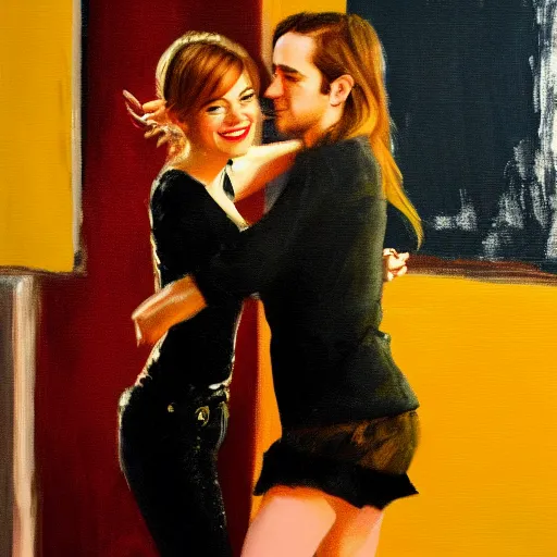 Prompt: emma stone dancing with emma watson, soft red lights full body portrait, 8 k oil painting,