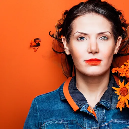 Image similar to portrait of a woman with flower tatoos, brown hair tied, red jacket and orange background, studio lighting