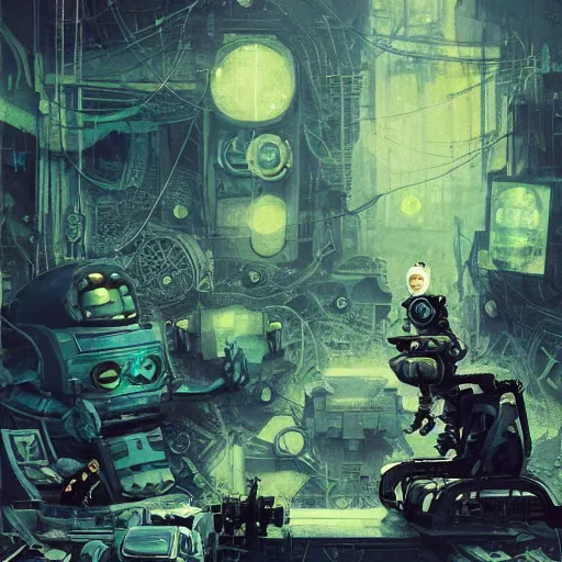 Image similar to A robot sitting alone in a junkyard + black layered paper + end of the world theme + elements + dark blue and green tones + neon + baroque + rococco + white + ink + marc simonetti, craig mullins, peter mohrbacher, michael whelan, detailed, intricate ink illustration, cinematic, mucha