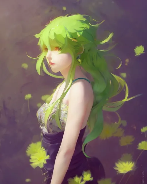 Prompt: girl with green hair and yellow clothing, flower decoration on the background, a beautiful half body illustration, top lighting, perfect shadow, soft painting, art by hidari and krenz cushart and wenjun lin