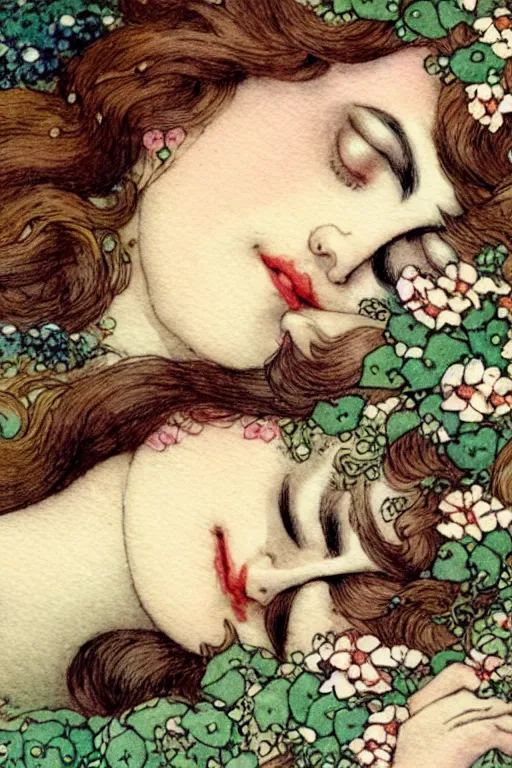 Image similar to closeup face shot of sleeping woman with long hair on a bed surrounded by ivy and flowers, fantasy art, trending on artstation, sleeping beauty fairytale, art by hans zatzka and walter crane and kay nielsen, watercolor illustration,