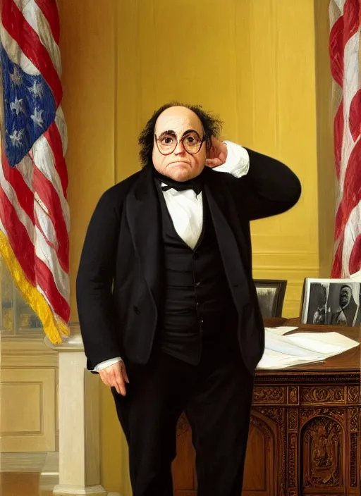 Image similar to portrait of the united states president, 1 8 6 7, danny devito. standing in the oval office. oil on canvas by william sidney mount, trending on artstation