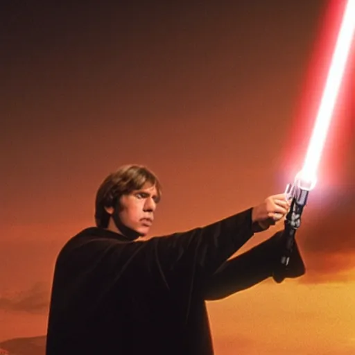 Image similar to luke skywalker pointing at stars with his lightsaber