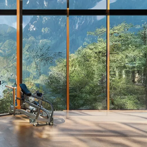 Prompt: a near - future health and wellness clinic with an inspiring view of nature