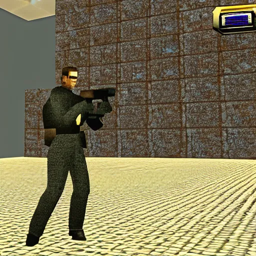 Image similar to a still of no time to die in goldeneye 6 4 graphics, extremely blocky and low resolution, crt filter