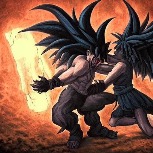 Image similar to Baphomet fistfighting a savage woman with wild spiky black Saiyan hair, dark dungeon, bloody walls, fantasy art, absurd quality