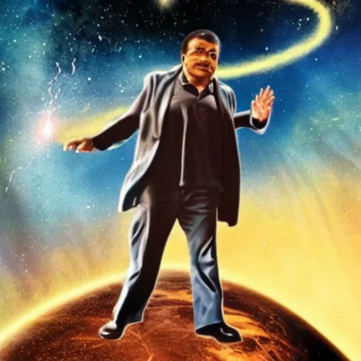 Prompt: iconic poster of an sci - fi action movie starring stephen hawking and neil degrasse tyson