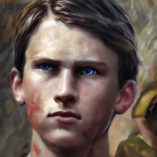 Prompt: Closeup of a young soldier with blue eyes and brown hair, cinematic art, painting