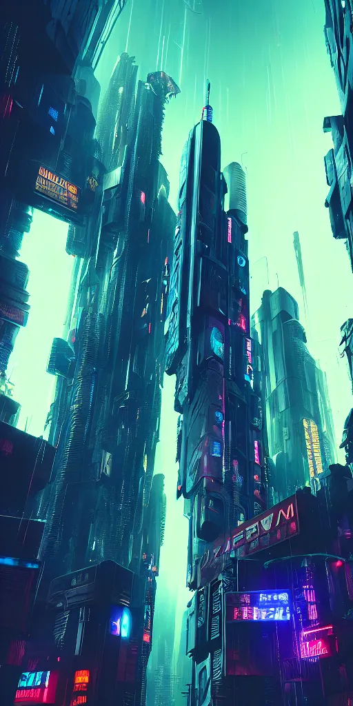 Image similar to low angle, epic cyberpunk cityscape :: blade runner, James Guilleard, beeple ,laurie greasley, dan mcpharlin :: ornate, dynamic, particulate, rich colors, intricate, elegant, highly detailed, centered, artstation, smooth, sharp focus, octane render, 3d