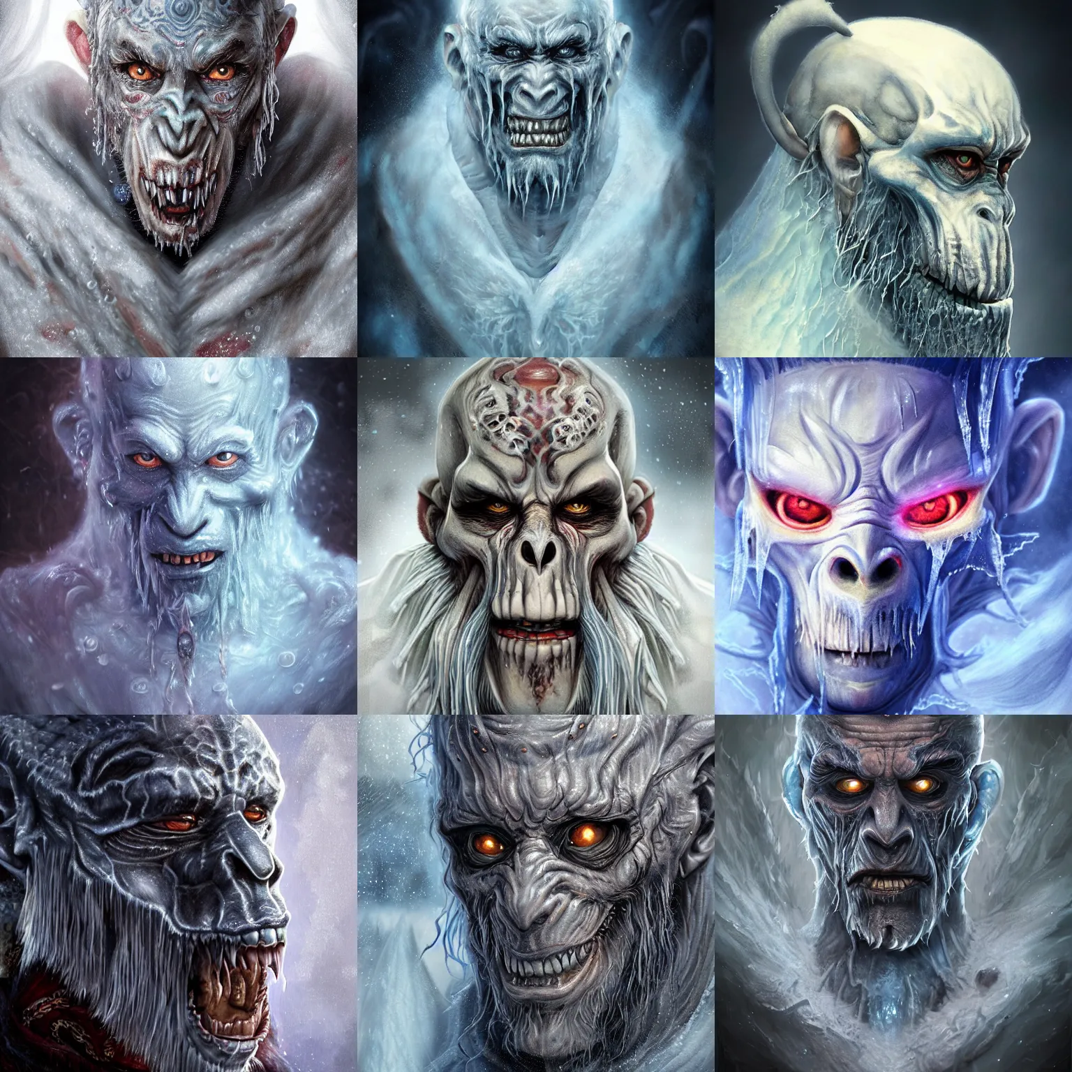 Image similar to a wlop 3 d render of very very very very highly detailed beautiful mystic portrait of a horror ice phantom ape demon with tattoos and frosty background by anton pieck, intricate, extremely detailed, digital painting, artstation, concept art, smooth, sharp focus, illustration, intimidating lighting, incredible art,