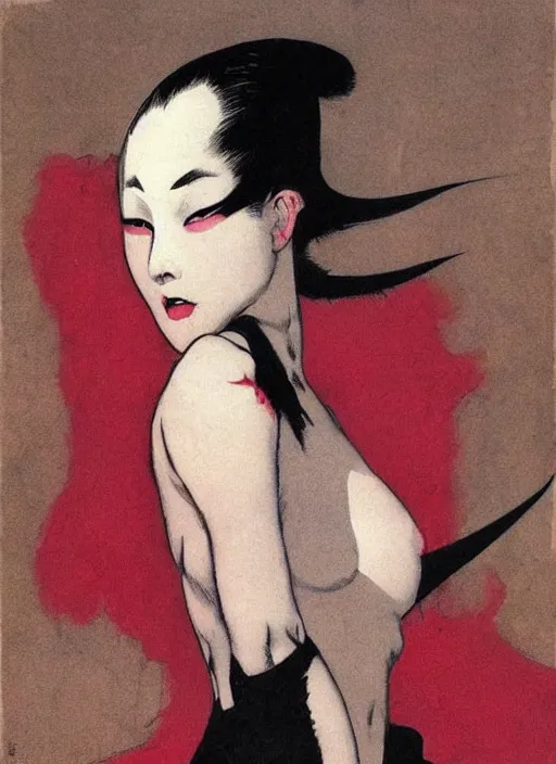 Image similar to portrait of bald korean vampiress, strong line, saturated color, beautiful! coherent! by frank frazetta, high contrast, minimalism