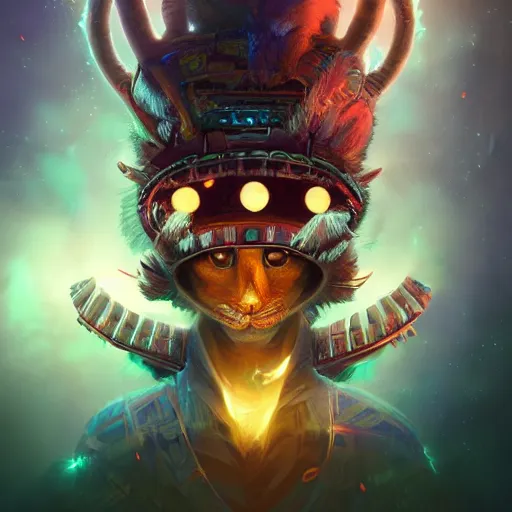 Prompt: portrait of a synthwave chieftain - cat with aztec - headdress and big glowing cyber eyes by peter mohrbacher and emmanuel shiu and martin johnson heade and bastien lecouffe - deharme, rim light photography