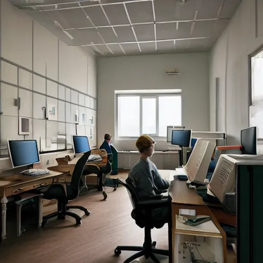 Prompt: room with a lot of computers and a chair in the middle of the frame, directed by wes anderson, highly detailed, photorealistic, hd, 8k.