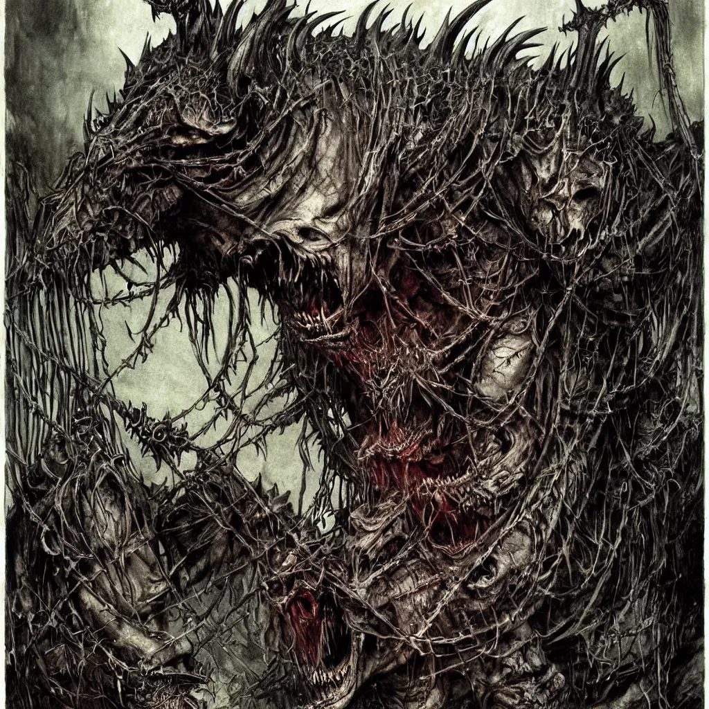 Image similar to a creepy armored horned fanged demon with black scarred skin wrapped in barbed wire. extremely high detail, realistic, fantasy art, solo, bones, masterpiece, saturated colors, tangled, ripped flesh, art by arthur rackham, dariusz zawadzki. black metal cover art