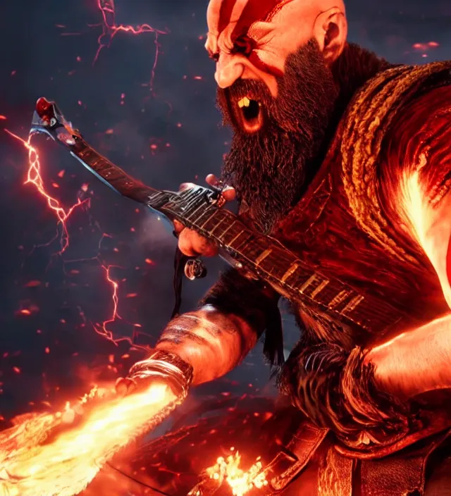 Prompt: raging kratos shredding on a flaming stratocaster guitar, cinematic render, god of war 2 0 1 8, santa monica studio official media, lightning, stripe over eye