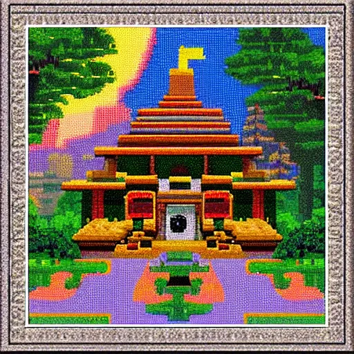 Prompt: temple hidden within the forest ancient magic, pixel art