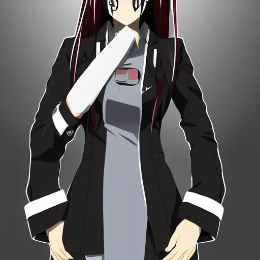 prompthunt: Anime Major Kurisu Makise in all black uniform, low angle shot,  digital art