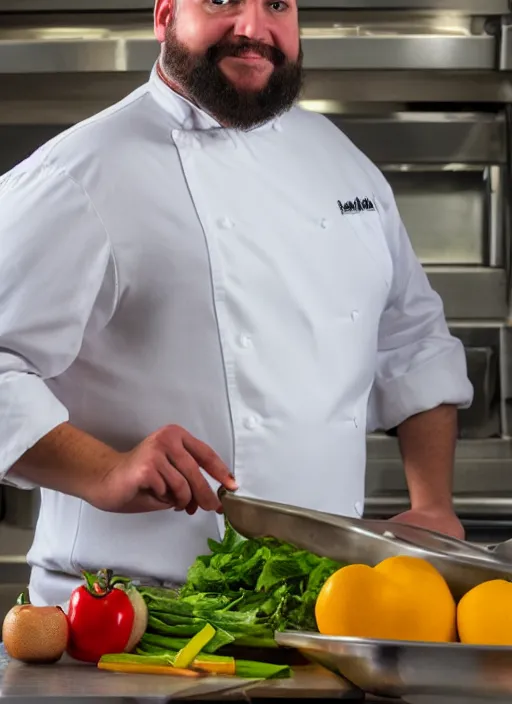 Prompt: portrait photo still of real life school chef jerome mcelroy fat bearded with chef hat in school cafeteria holding a ladel, 8 k, 8 5 mm, f. 1 4