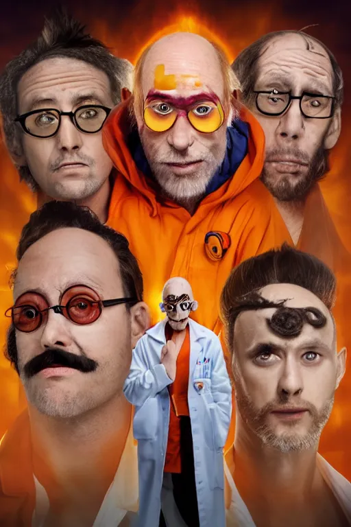 Image similar to a man with 3 eyes, man with a 3rd eye in the middle of his forehead, an awkwardly tall mad scientist with a 3rd eye a tangled orange beard balding head and unruly red hair wearing a labcoat, high resolution film still, movie by Robert Zemeckis and Ivan Reitman, 3rd eye in the middle of his forehead