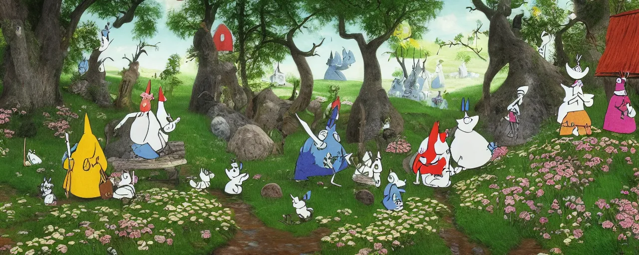 Prompt: the moomins in moominvalley, bosch painting, very detailed!, high quality, 4 k