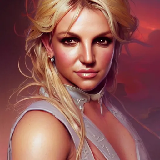 Image similar to beautiful britney spears, western, closeup, d & d, fantasy, intricate, elegant, highly detailed, digital painting, artstation, concept art, matte, sharp focus, illustration, art by artgerm and greg rutkowski and alphonse mucha