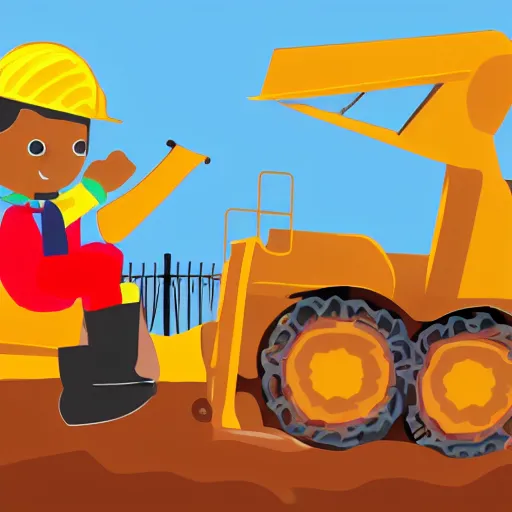 Prompt: children's book illustration of a digger in the backyard