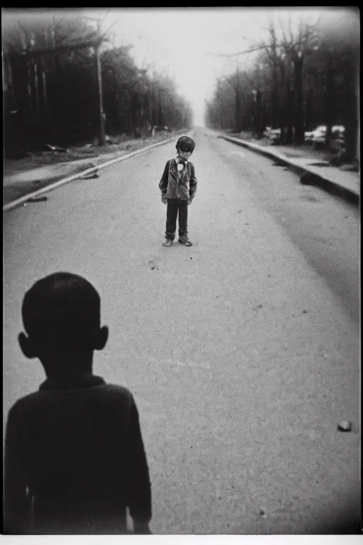 Prompt: photo polaroid of a sad and lonely child in the middle of a road destroyed by bombs ,war, has a gun in his hand, loneliness,, black and white ,photorealistic, 35mm film,