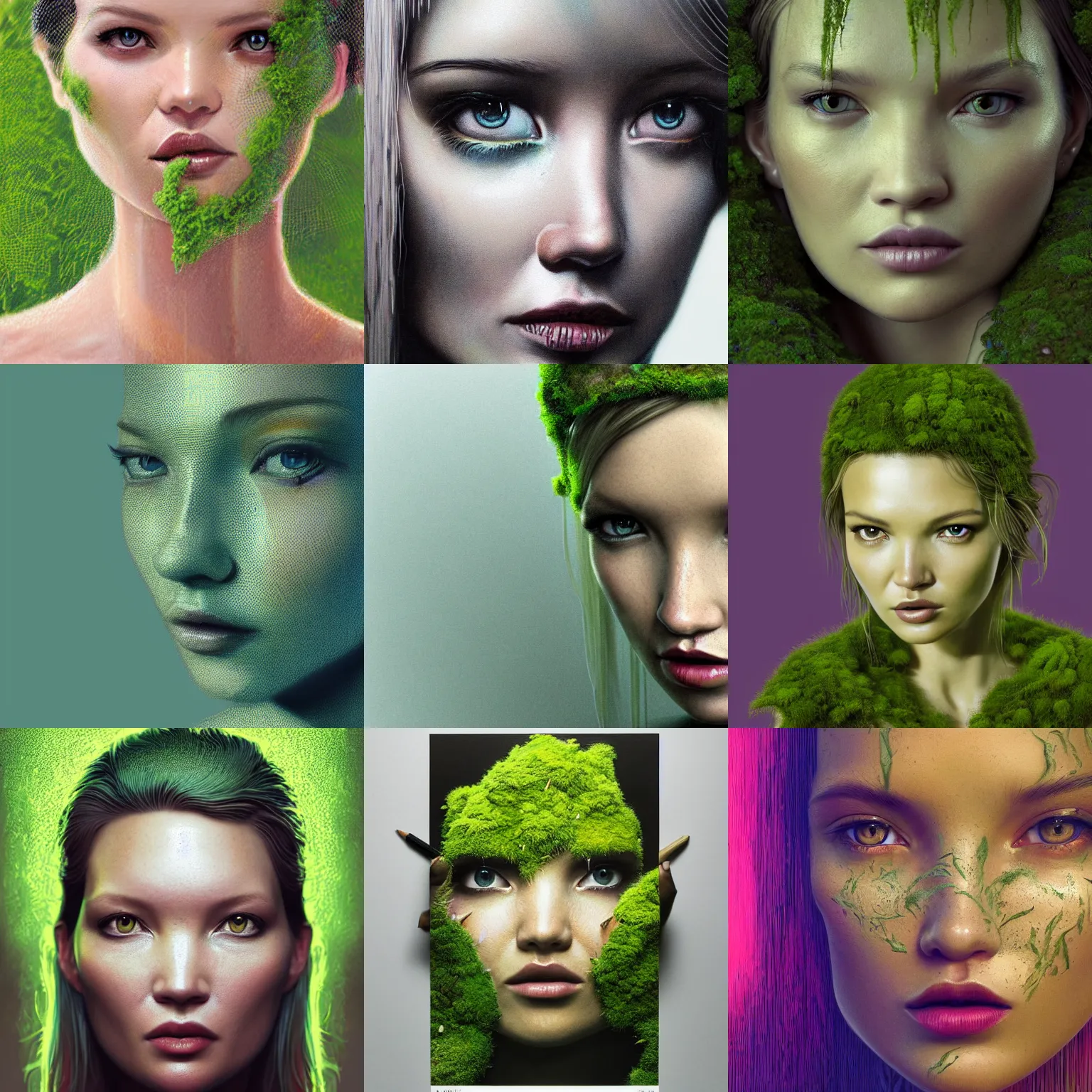 Image similar to portrait isometric drawing, printerest, close-up moss growing tropical kate moss like a mossy garden, face of kate moss, intricate, epic lighting, cinematic composition, hyper realistic, 8k resolution, unreal engine 5, by Artgerm, tooth wu, dan mumford, beeple, wlop, rossdraws, James Jean, Andrei Riabovitchev, Marc Simonetti, yoshitaka Amano, Artstation