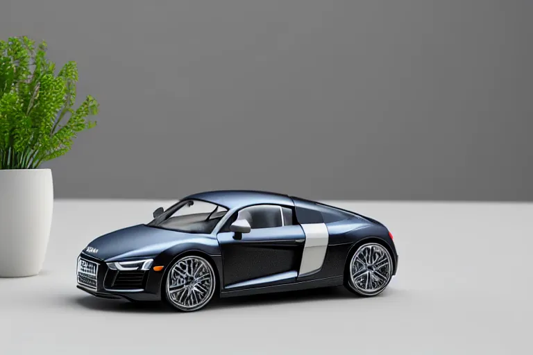 Prompt: a small miniature of a Audi R8 on a white table near a book and a vase with a plant, 3d render, unreal engine 5, octane render, 4k, low contrast, path tracing, serene landscape, calm, relaxing, beautiful landscape, highly detailed, high quality, product photo, hyperrealistic, concept art