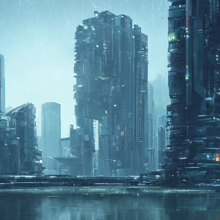 Prompt: a building in a serene landscape, cyberpunk