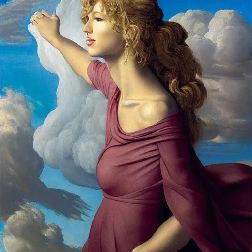 Image similar to Full body oil painting of Taylor Swift, wearing a peplos, hair natural disheveled, approaching heaven over the clouds, naturalism, dramatic lighting, high-detailed oil painting by Ilya Repin, Michelangelo da Caravaggio, William Blake, Alex Grey and Beksinski, trending on Artsation, hystorical painting, naturalism, masterpiece, 4k, 8k